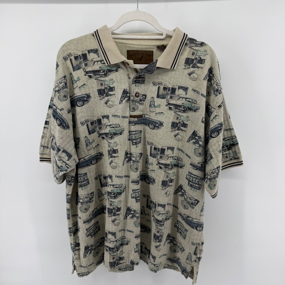 North River Outfitters Mens Large Route 66 Classic Car Motel Print Polo Shirt‎